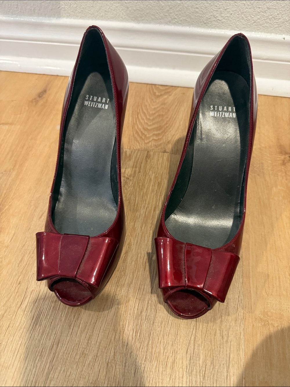 Stuart Weitzman Burgundy Patent Peep-Toe Pumps with Bow